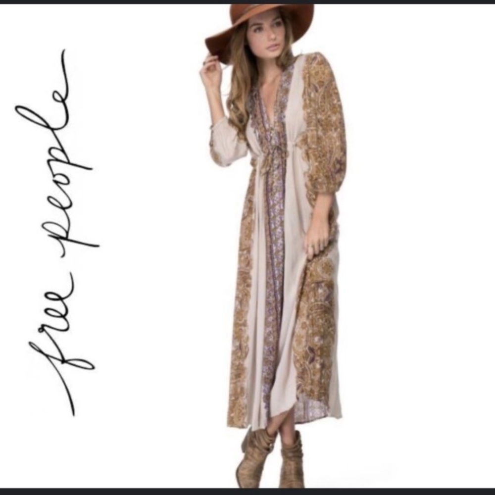 Free People Azalea Boho Maxi Dress Gold Purple Cream Beige Caftan Cover Up M